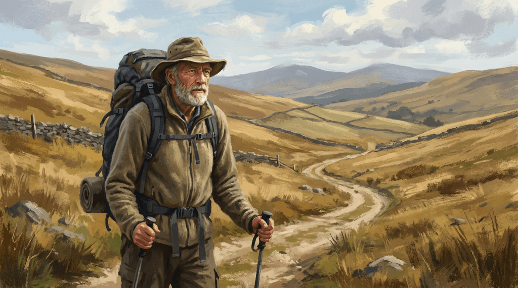 An older man with a backpack and trekking poles hikes along a mountain path.