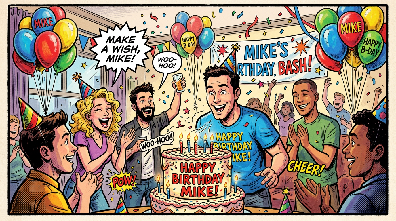 Birthday party scene with people celebrating Mike's birthday and a cake with lit candles