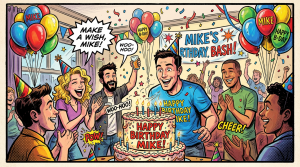 Birthday party scene with people celebrating Mike's birthday and a cake with lit candles